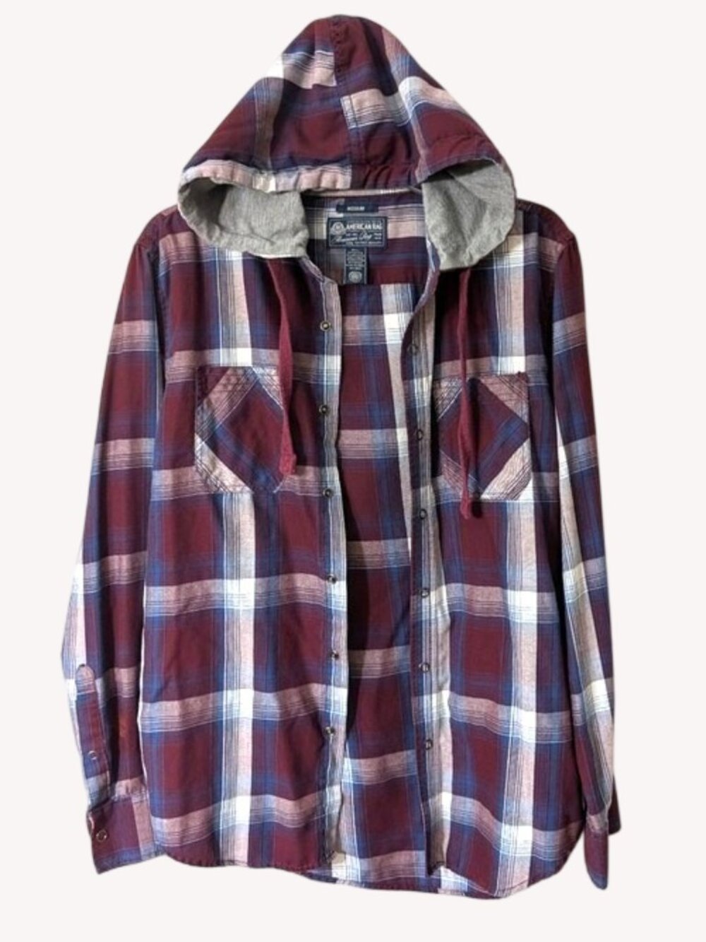 American Rag Plaid Hooded Shirt Jacket - Burgundy &‎ Blue Size M